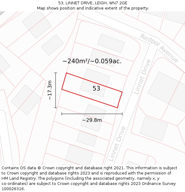 53, LINNET DRIVE, LEIGH, WN7 2GE: Plot and title map