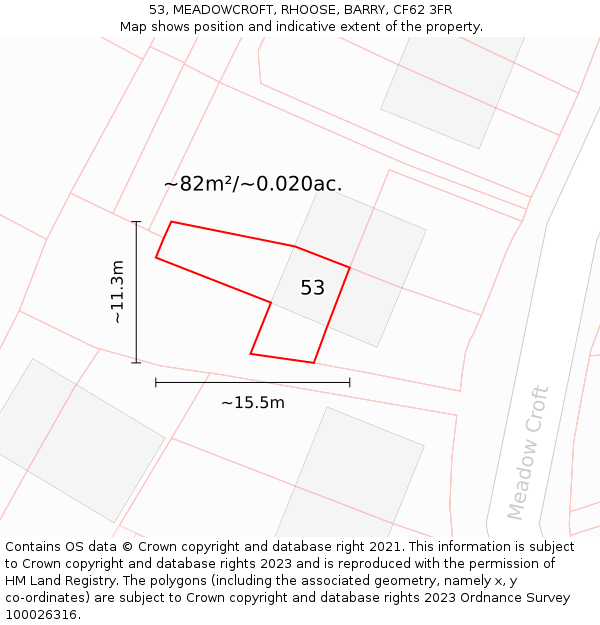 53, MEADOWCROFT, RHOOSE, BARRY, CF62 3FR: Plot and title map