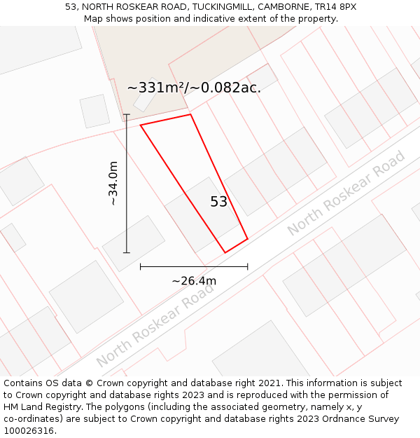 53, NORTH ROSKEAR ROAD, TUCKINGMILL, CAMBORNE, TR14 8PX: Plot and title map