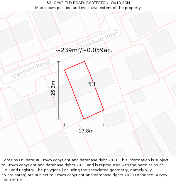 53, OAKFIELD ROAD, CARTERTON, OX18 3SN: Plot and title map