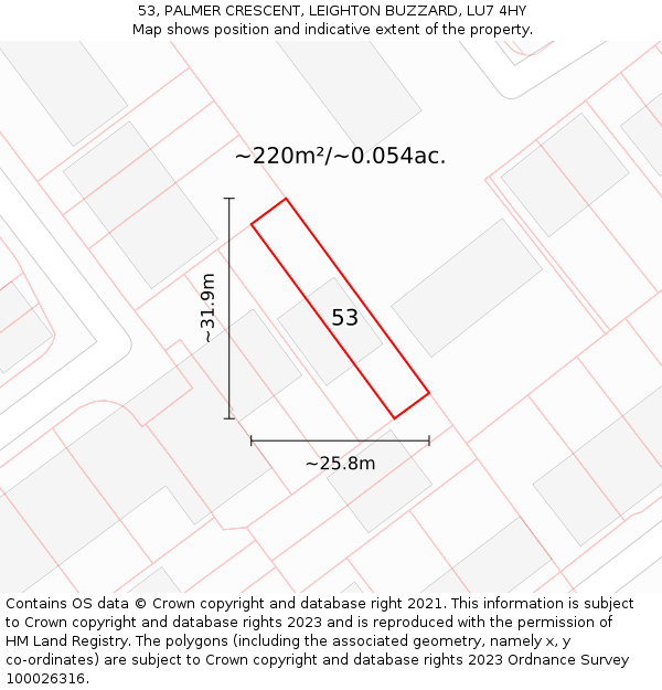 53, PALMER CRESCENT, LEIGHTON BUZZARD, LU7 4HY: Plot and title map