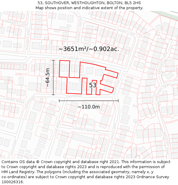 53, SOUTHOVER, WESTHOUGHTON, BOLTON, BL5 2HS: Plot and title map