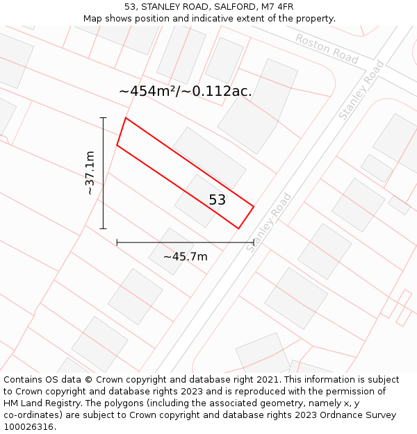 53, STANLEY ROAD, SALFORD, M7 4FR: Plot and title map