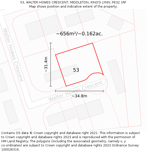 53, WALTER HOWES CRESCENT, MIDDLETON, KING'S LYNN, PE32 1RF: Plot and title map