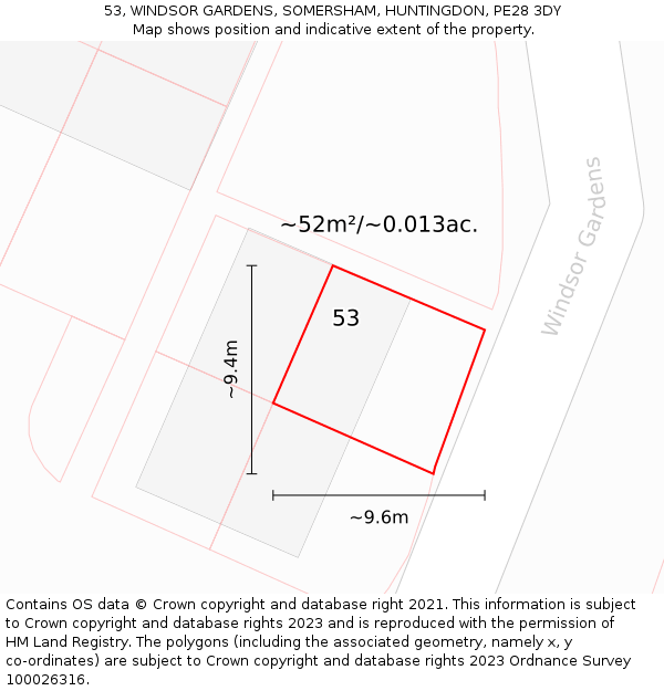 53, WINDSOR GARDENS, SOMERSHAM, HUNTINGDON, PE28 3DY: Plot and title map