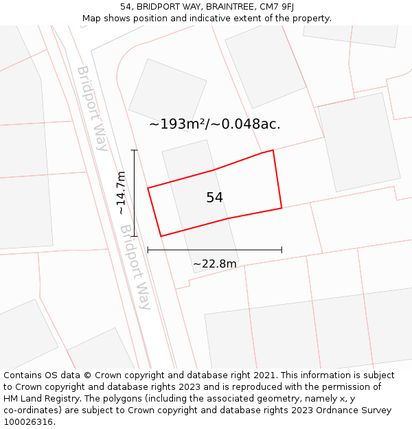 54, BRIDPORT WAY, BRAINTREE, CM7 9FJ: Plot and title map