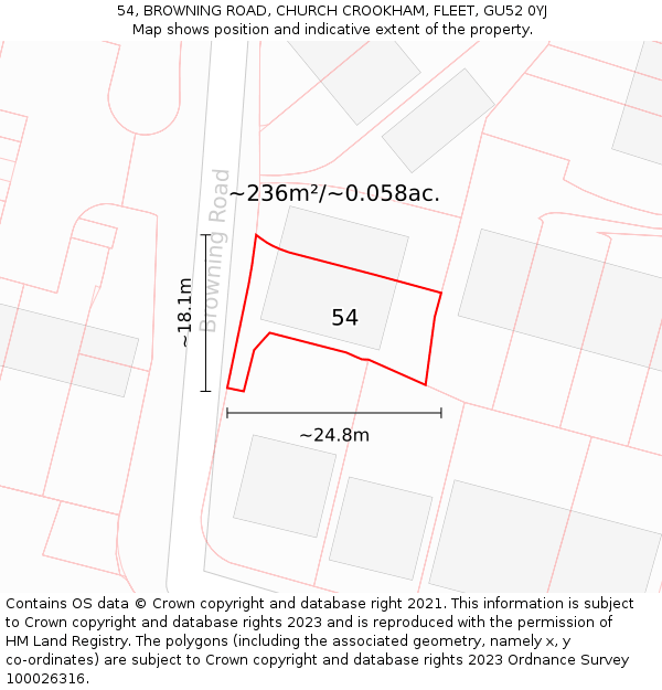 54, BROWNING ROAD, CHURCH CROOKHAM, FLEET, GU52 0YJ: Plot and title map