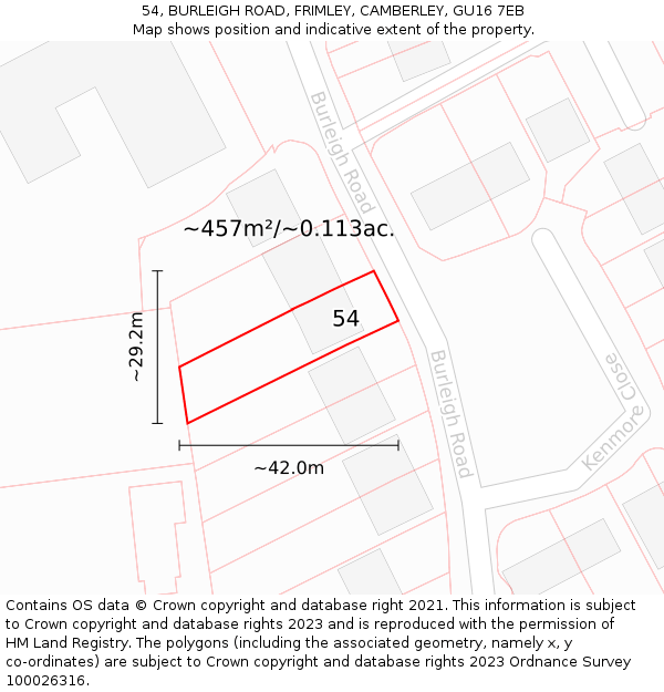 54, BURLEIGH ROAD, FRIMLEY, CAMBERLEY, GU16 7EB: Plot and title map