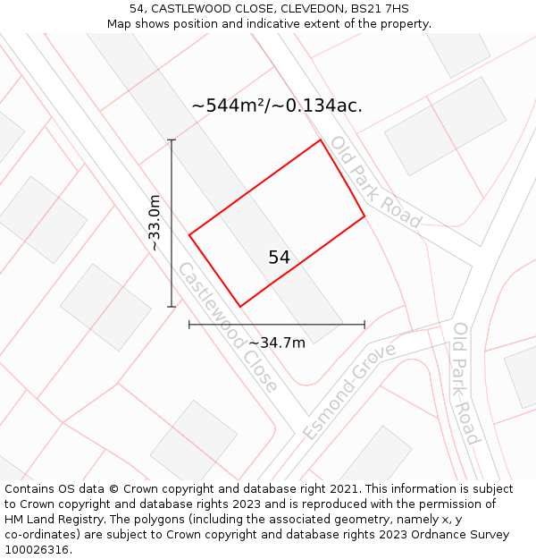 54, CASTLEWOOD CLOSE, CLEVEDON, BS21 7HS: Plot and title map