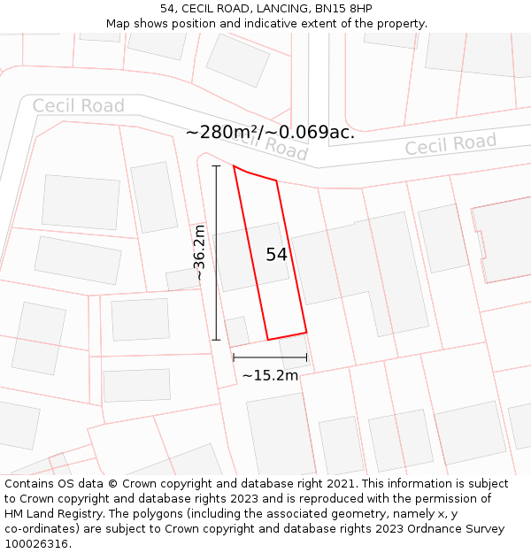 54, CECIL ROAD, LANCING, BN15 8HP: Plot and title map