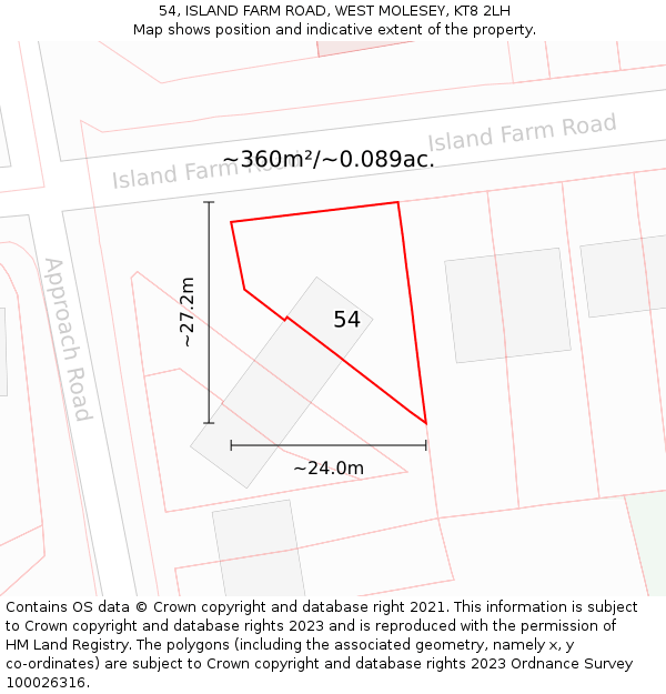 54, ISLAND FARM ROAD, WEST MOLESEY, KT8 2LH: Plot and title map