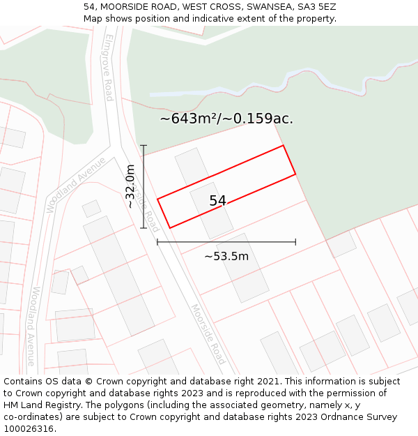 54, MOORSIDE ROAD, WEST CROSS, SWANSEA, SA3 5EZ: Plot and title map