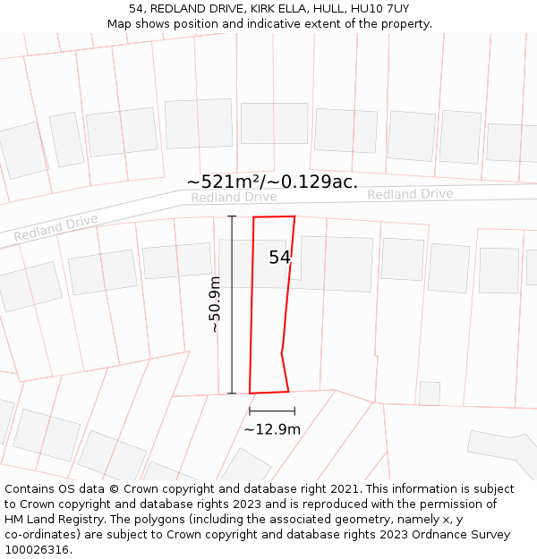 54, REDLAND DRIVE, KIRK ELLA, HULL, HU10 7UY: Plot and title map