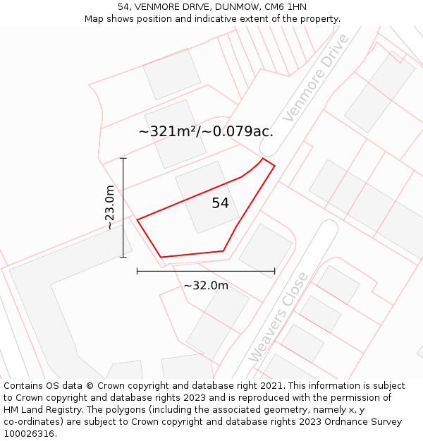 54, VENMORE DRIVE, DUNMOW, CM6 1HN: Plot and title map