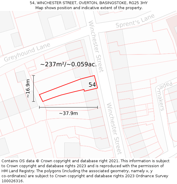 54, WINCHESTER STREET, OVERTON, BASINGSTOKE, RG25 3HY: Plot and title map