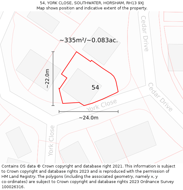 54, YORK CLOSE, SOUTHWATER, HORSHAM, RH13 9XJ: Plot and title map