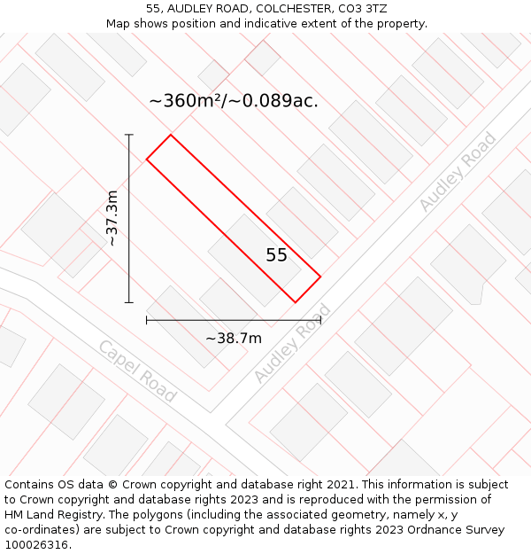 55, AUDLEY ROAD, COLCHESTER, CO3 3TZ: Plot and title map