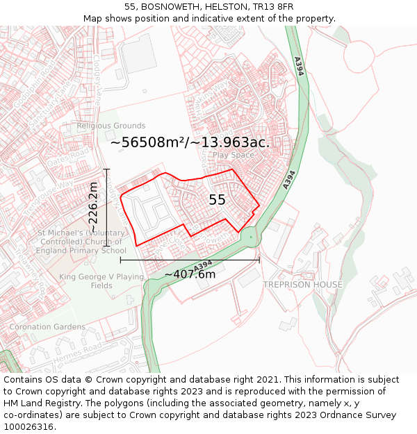 55, BOSNOWETH, HELSTON, TR13 8FR: Plot and title map