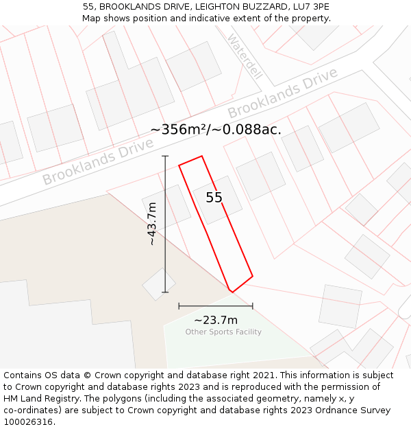 55, BROOKLANDS DRIVE, LEIGHTON BUZZARD, LU7 3PE: Plot and title map