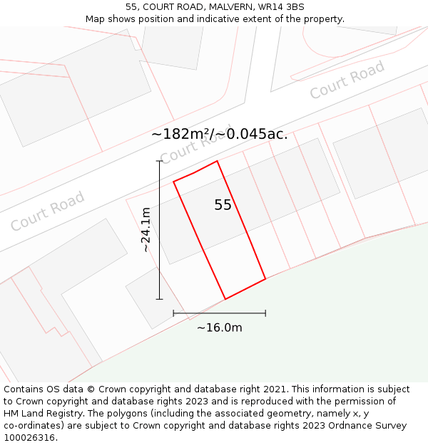 55, COURT ROAD, MALVERN, WR14 3BS: Plot and title map