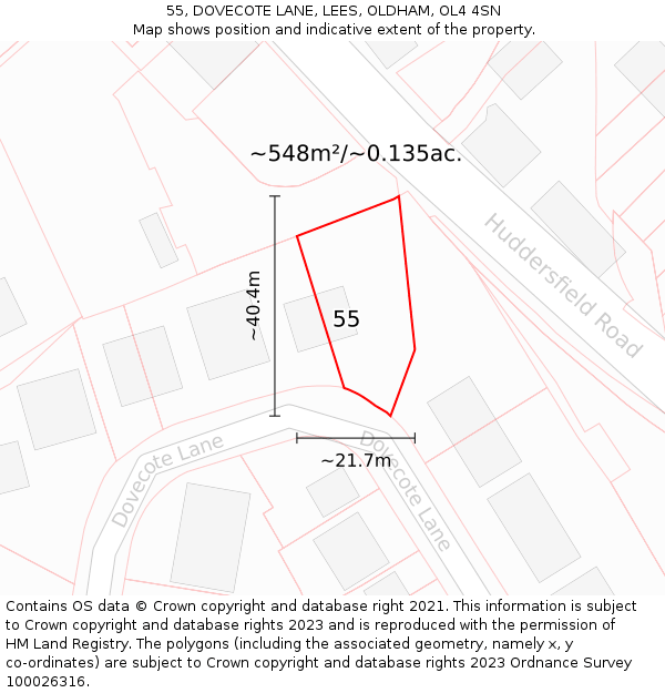 55, DOVECOTE LANE, LEES, OLDHAM, OL4 4SN: Plot and title map