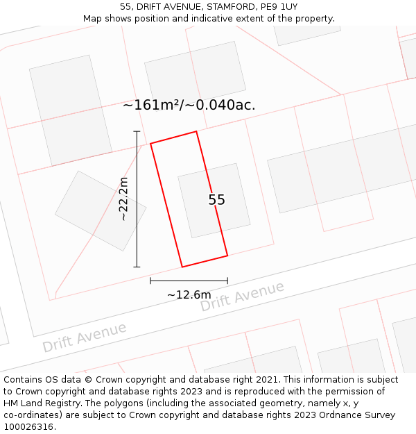 55, DRIFT AVENUE, STAMFORD, PE9 1UY: Plot and title map