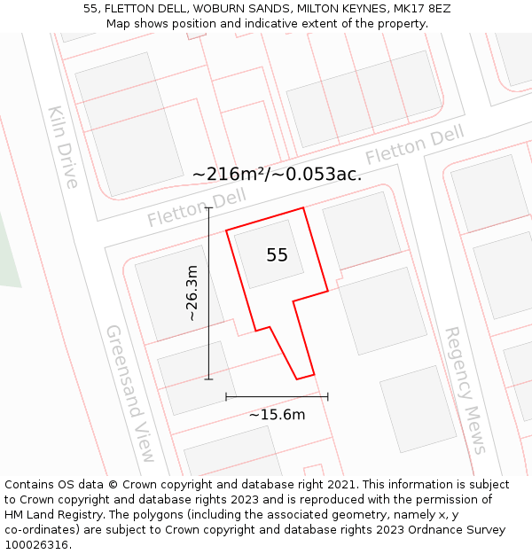 55, FLETTON DELL, WOBURN SANDS, MILTON KEYNES, MK17 8EZ: Plot and title map