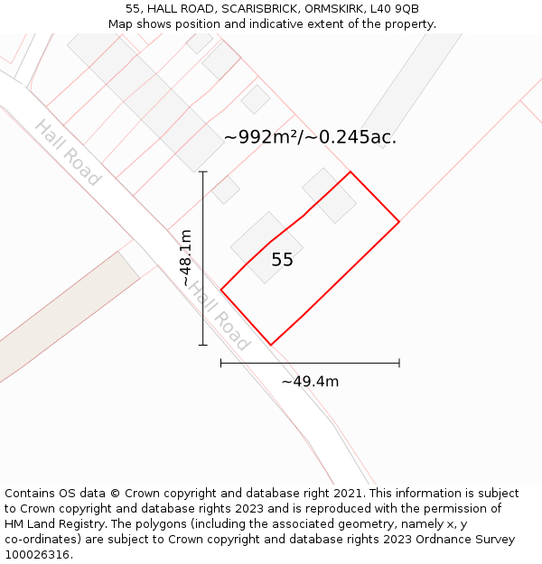 55, HALL ROAD, SCARISBRICK, ORMSKIRK, L40 9QB: Plot and title map