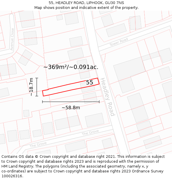 55, HEADLEY ROAD, LIPHOOK, GU30 7NS: Plot and title map