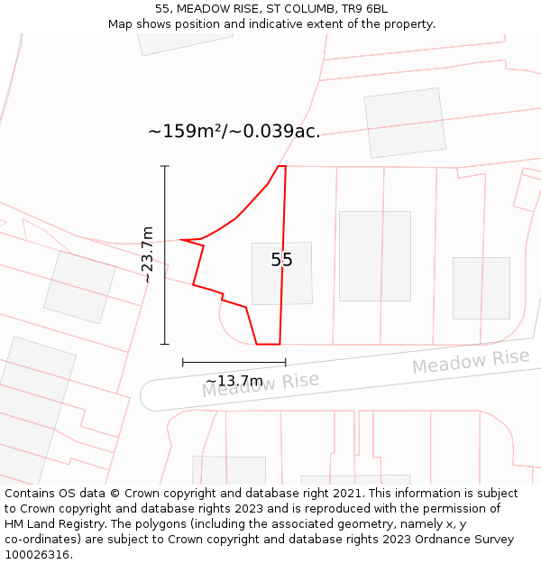 55, MEADOW RISE, ST COLUMB, TR9 6BL: Plot and title map