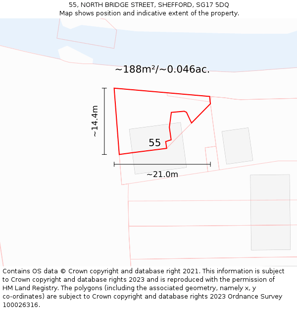 55, NORTH BRIDGE STREET, SHEFFORD, SG17 5DQ: Plot and title map