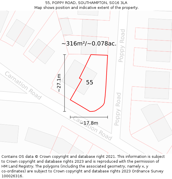 55, POPPY ROAD, SOUTHAMPTON, SO16 3LA: Plot and title map