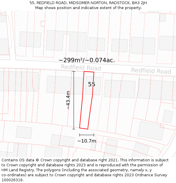 55, REDFIELD ROAD, MIDSOMER NORTON, RADSTOCK, BA3 2JH: Plot and title map