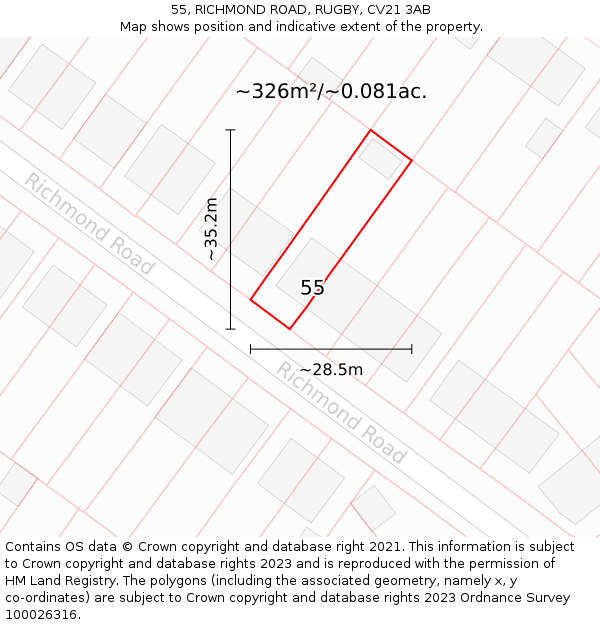 55, RICHMOND ROAD, RUGBY, CV21 3AB: Plot and title map