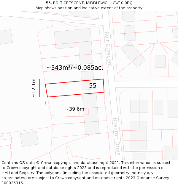 55, ROLT CRESCENT, MIDDLEWICH, CW10 0BQ: Plot and title map