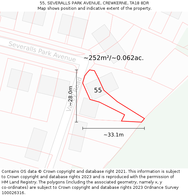 55, SEVERALLS PARK AVENUE, CREWKERNE, TA18 8DR: Plot and title map