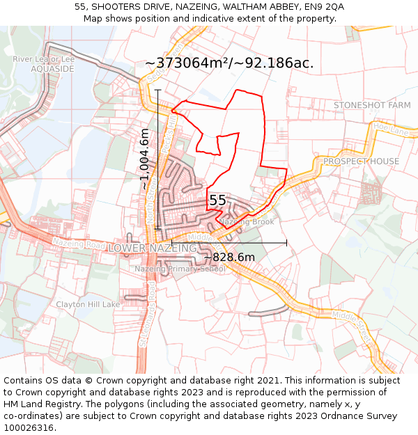 55, SHOOTERS DRIVE, NAZEING, WALTHAM ABBEY, EN9 2QA: Plot and title map