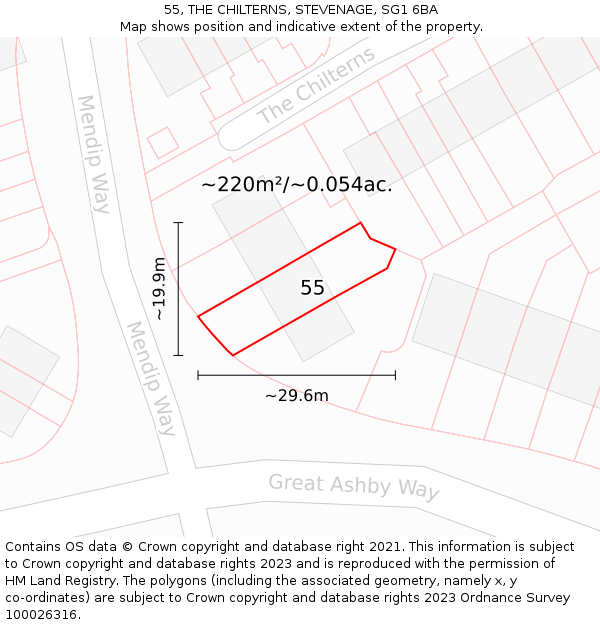 55, THE CHILTERNS, STEVENAGE, SG1 6BA: Plot and title map