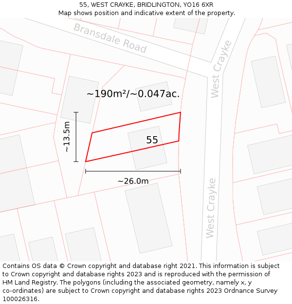 55, WEST CRAYKE, BRIDLINGTON, YO16 6XR: Plot and title map