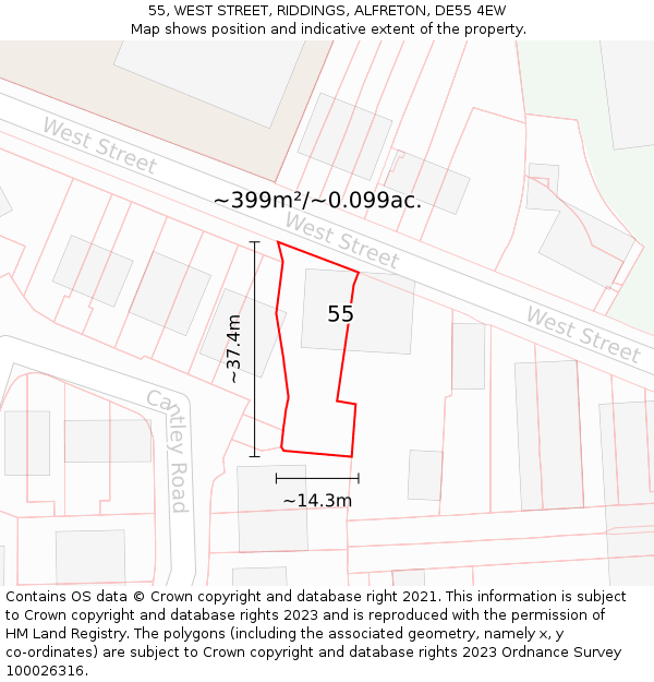 55, WEST STREET, RIDDINGS, ALFRETON, DE55 4EW: Plot and title map