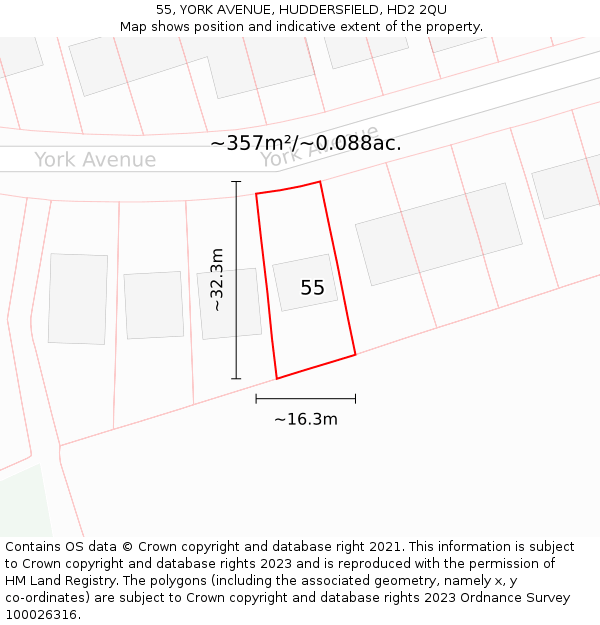 55, YORK AVENUE, HUDDERSFIELD, HD2 2QU: Plot and title map