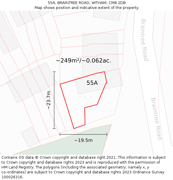 55A, BRAINTREE ROAD, WITHAM, CM8 2DB: Plot and title map