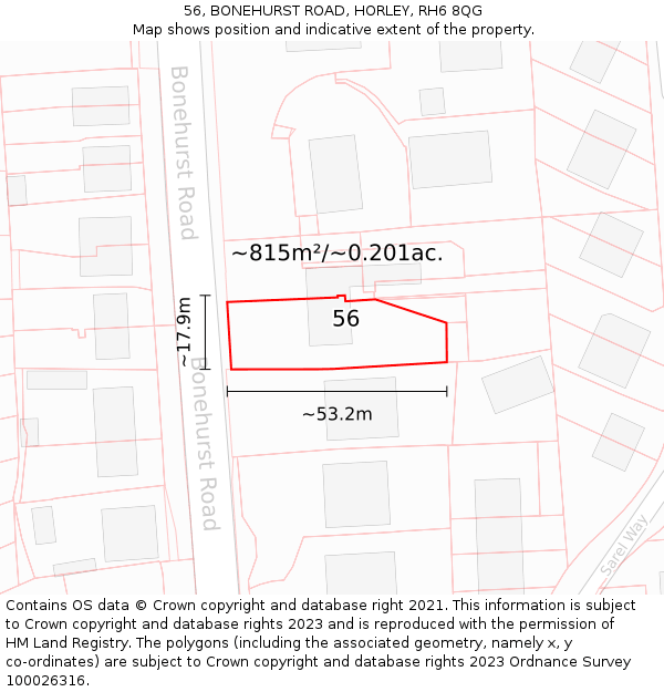 56, BONEHURST ROAD, HORLEY, RH6 8QG: Plot and title map