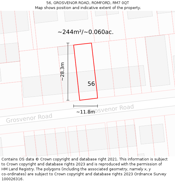 56, GROSVENOR ROAD, ROMFORD, RM7 0QT: Plot and title map