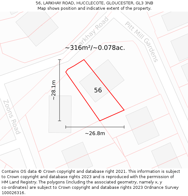 56, LARKHAY ROAD, HUCCLECOTE, GLOUCESTER, GL3 3NB: Plot and title map