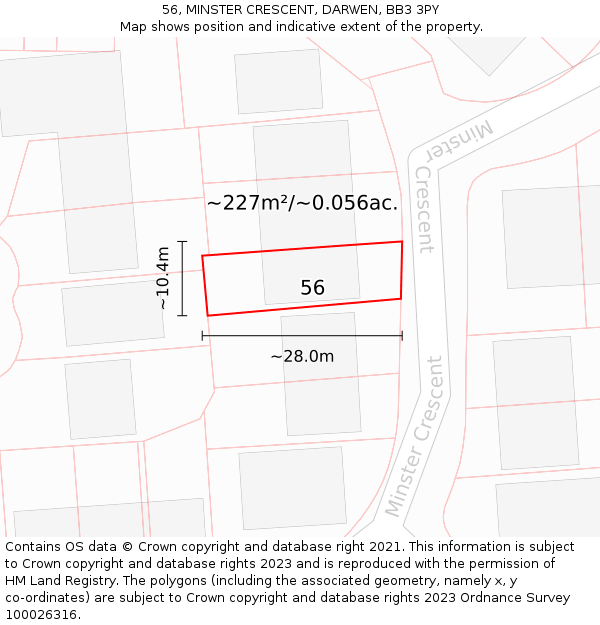 56, MINSTER CRESCENT, DARWEN, BB3 3PY: Plot and title map