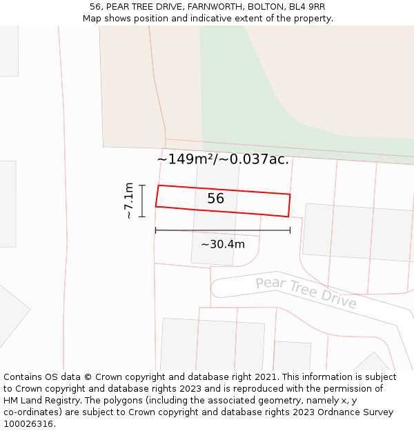 56, PEAR TREE DRIVE, FARNWORTH, BOLTON, BL4 9RR: Plot and title map