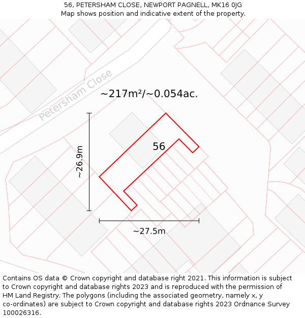56, PETERSHAM CLOSE, NEWPORT PAGNELL, MK16 0JG: Plot and title map
