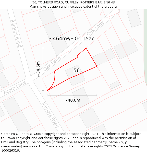 56, TOLMERS ROAD, CUFFLEY, POTTERS BAR, EN6 4JF: Plot and title map