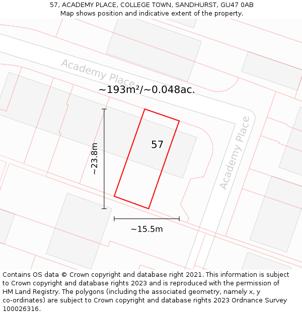 57, ACADEMY PLACE, COLLEGE TOWN, SANDHURST, GU47 0AB: Plot and title map